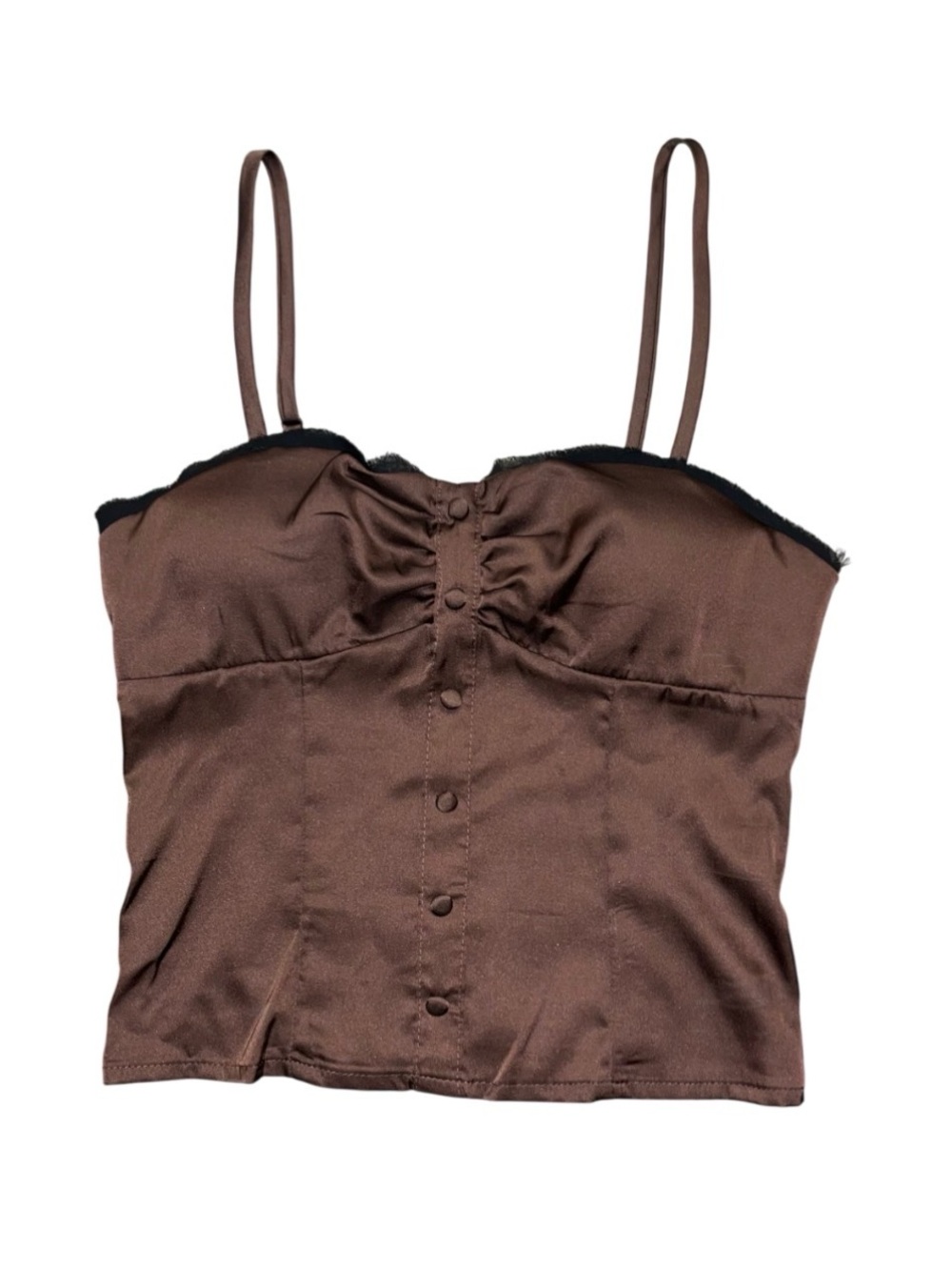 Thirty Thirty LA Brown Satin Black Lace Corset Button Top Padded NWT Medium Tank